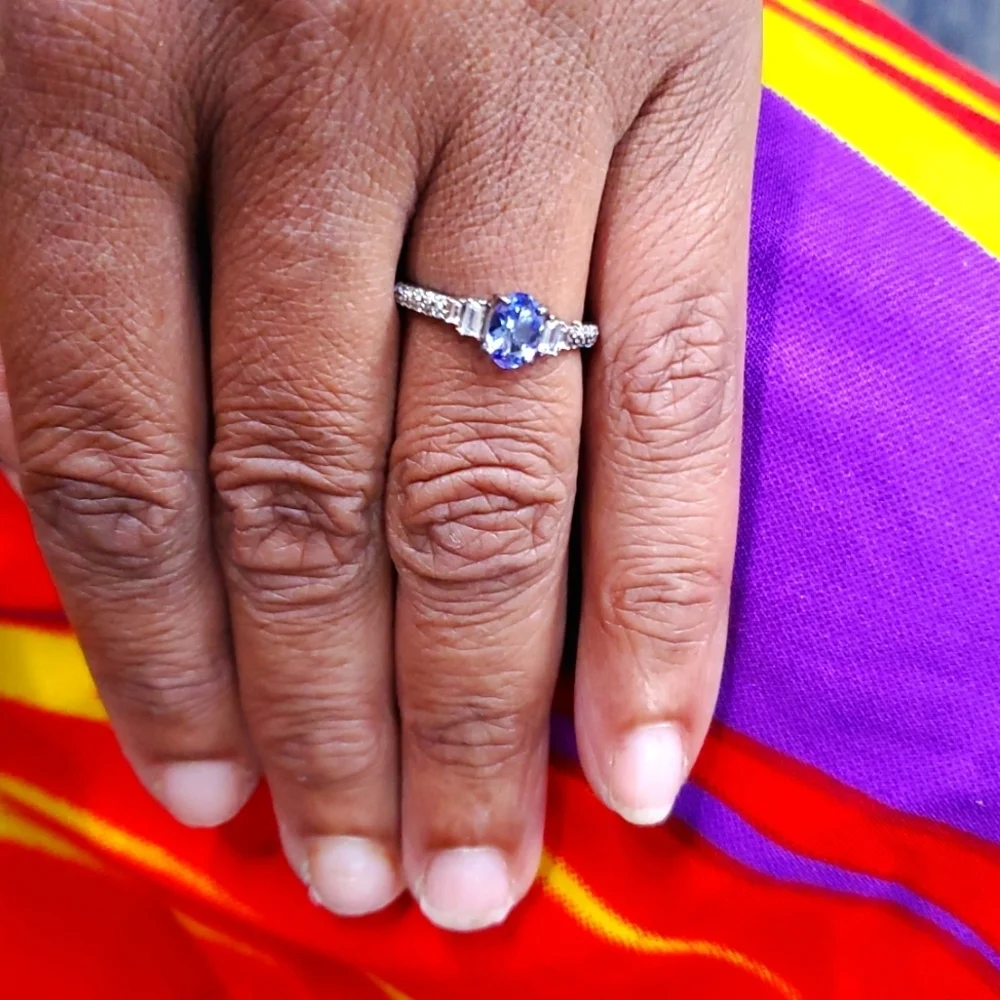 Genuine Tanzanite & Zircon Solitaire ring in Platinum Plated Sterling Silver